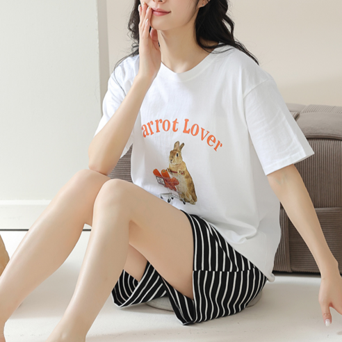 ssHg 여름 캡내장 반팔 반바지 순면 잠옷 브라캡 홈웨어 상하의 세트