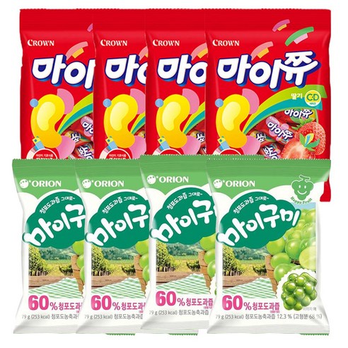 크라운 마이쮸 딸기 92g 4개+오리온 마이구미 청포도 79g 4개, 684g, 1개