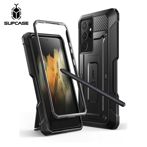 Supcase 갤럭시 S21울트라 펜홀더 풀커버 스탠드 핸드폰 케이스, 블랙