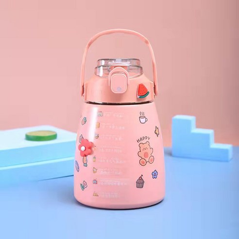 맞춤형 망홍 배부른 물컵 대용량 귀여움 벨트 빨대 휴대용 고안치 점프컵 자녀 보온컵, 핑크, 850ML
