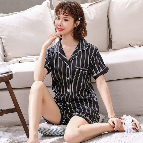 로리돌스 블랙 스트라이프 여름 실크 파자마 커플잠옷
