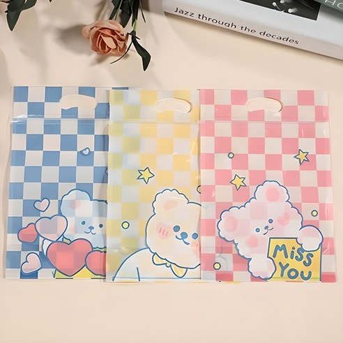 미미파티 감성 귀여운 구디백 손잡이 지퍼백 포장 봉투, 체크곰돌이, 50개