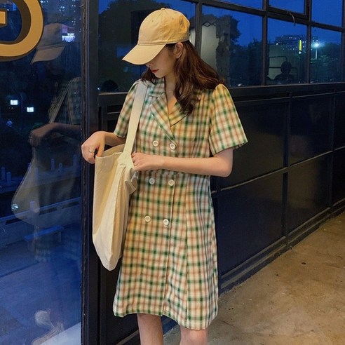 caoying 한국어 레트로 중간 길이 높은 허리 라인 더블 정장 칼라 격자 무늬 드레스