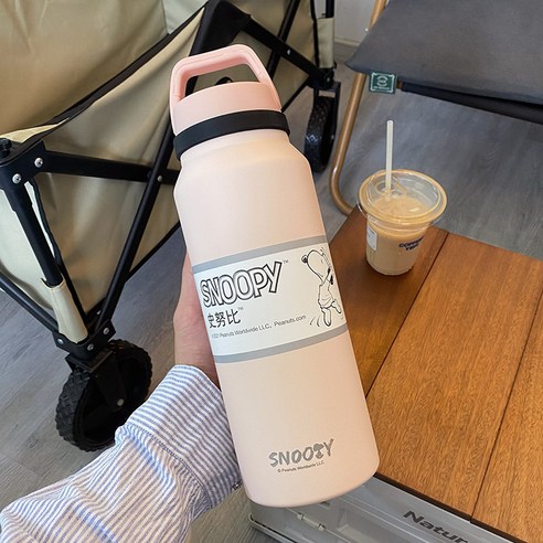 스누피 대용량304스테인레스 스틸 짚 보온병 컵, 핑크 스누피 스포츠 에디션, 1400ML