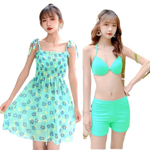 ANKRIC 수영복이너팬티 온천 수영복 여성 섹시 스키니 보수 배꼽 커버 3 조각 한국 온천 분할 작은 가슴 수영복 수영복, 52165 세 조각 세트녹색