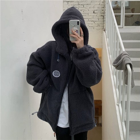 ANYOU 여성 후리스 울라이크 맨투맨 여자 루즈핏 후드 자수 후리스자켓, 곤색, L