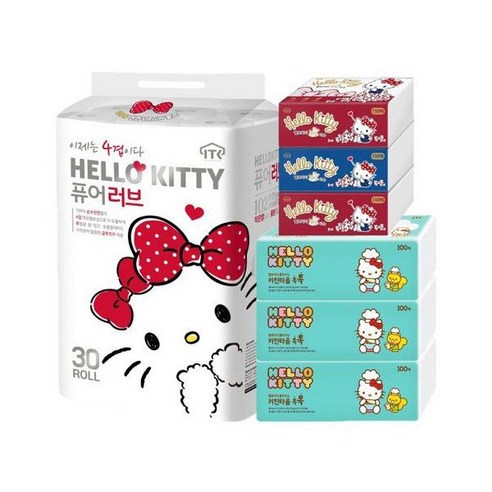 헬로키티 4겹 퓨어러브 30롤 1팩 + 톡톡키친타올 1팩 + 팝업골드 1팩, 1세트