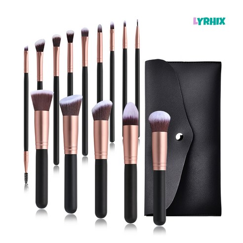 LYRHIX 고급 원목 메이크업 브러쉬 컨실러 브러쉬 브러쉬 세트 메이크업 브러쉬 세트 브러쉬세트 메이크업브러쉬세트, 나무 핸들 알루미늄 관 합성 솔기, 검은 금, 14개