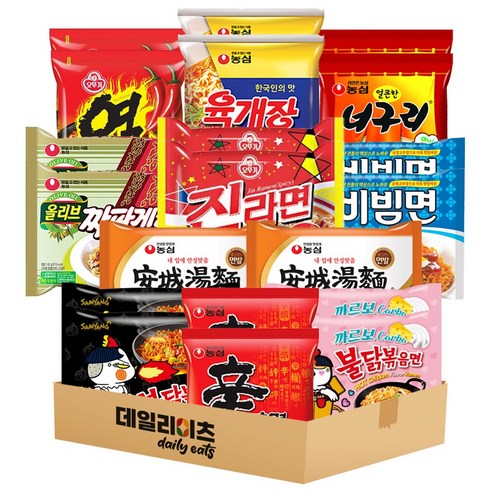 [데일리이츠] 봉지라면 10종류 2개씩 총 20봉지 세트 (신라면 진라면매운맛 불닭볶음면 까르보불닭볶음면 팔도비빔면 너구리얼큰 열라면 짜파게티 안성탕면 육개장라면), 1세트