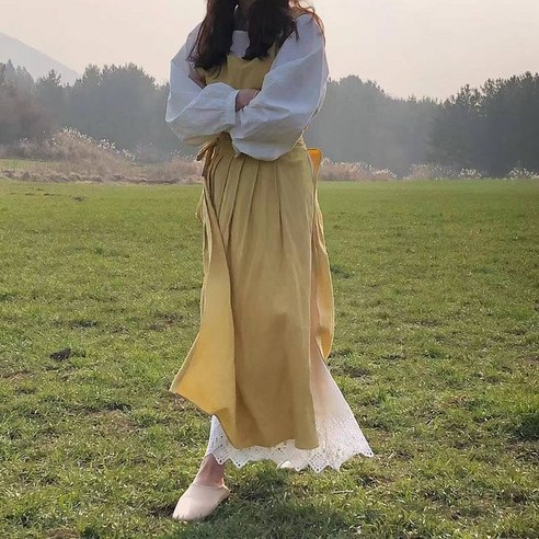 면 마 앞치마 패션 원피스 베이킹 미술 네일아트 작업복 턱받이, 노랑, 황색