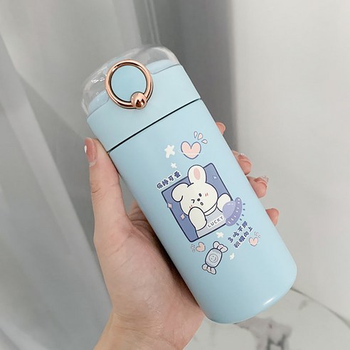 DFMEI 물컵여고비주얼텀블러시간보온귀여운빨대신상심플컵, 푸른 귀여운 토끼 (투명한 덮개), 350ml 싱글 컵