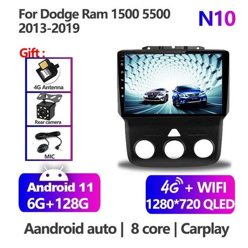 차량용 안드로이드 모니터 Dodge Ram 1500 5500 2013 2014 2019 카플레이 멀티미디어 플레이어 9 인치 DSP RDS 11 라디오 스테레오 4G LTE Wif, 6.6G 128G A1 N10