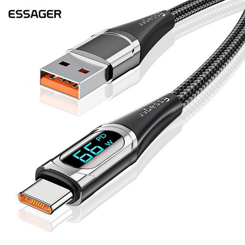 ESSAGER 디지털 디스플레이 6A USB A to C타입 고속 충전 케이블, 1m, Black, 1개