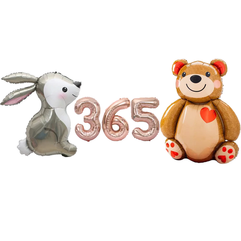 파파 파티 토끼 곰돌이 로즈골드 핑크 숫자 생일 대형 풍선 세트, 1세트, 토끼 + 곰돌이 365