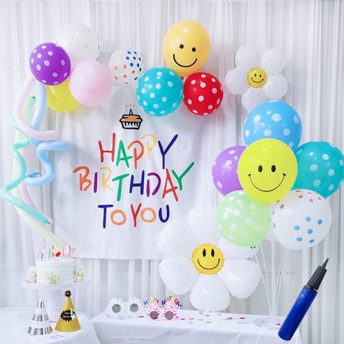 생일 홈파티 현수막 풍선 세트 파티 꾸미기 축하 용품, 케이크 생일현수막 풍선세트(손펌프)