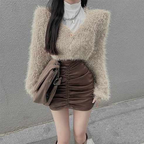 레트로 V 넥 모헤어 스웨터 코트 카디건 여성 봄 가을 유행 짧은 긴팔 스웨터 탑 패션