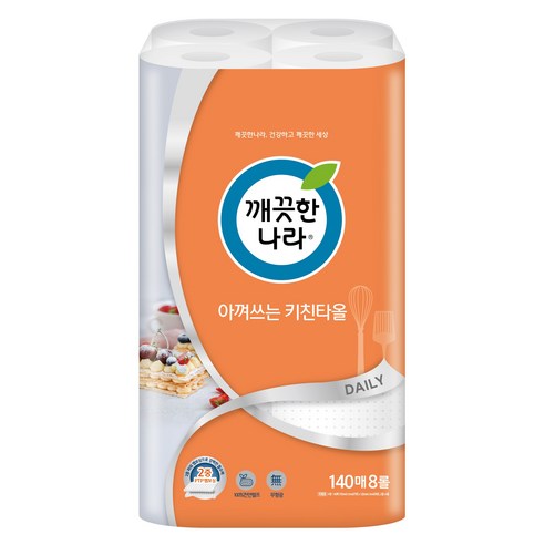 깨끗한나라 아껴쓰는 키친타올 140매 8롤 1팩, 1개, 8개입