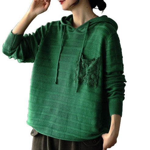 도오빠 서레야 여성 니트 후드 티셔츠 그린 긴팔 레이스 포켓 무지 스웨터 여자니트티 프리사이즈
