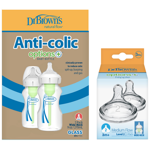 닥터브라운 옵션스 플러스 와이드넥 유리 젖병 270ml 2p + 젖꼭지 2p, 2단계, 투명 + 화이트 + 그린, 1개