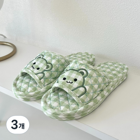 [제이드슈] 3중 쿠션 면 슬리퍼 거실화 사무실 층간소음방지 미끄럼방지 실내화 학교 학생 유치원 어린이집 세탁가능, 3개, 곰돌이 그린 (여)