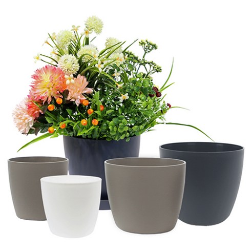 플라팜 화분 저면관수 원형 분갈이 화분+받침 세트, 다크그레이