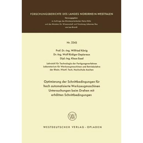 Optimierung Der Schnittbedingungen Fur Hoch Automatisierte Werkzeugmaschinen Untersuchung Beim Drehen ..., Vs Verlag Fur Sozialwissenschaften