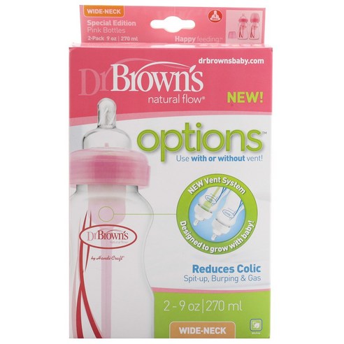 닥터브라운 내추럴 플로우 옵션 와이드-넥 젖병 270ml 2개입, 0m+, Pink