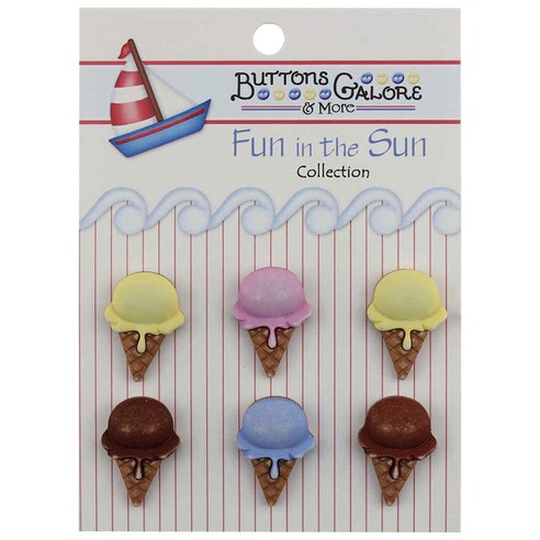 버튼갤로어 펀 인 더 선 3D 버튼 단추, Ice Cream Cones, 6개입