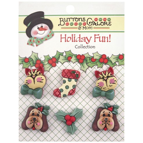 버튼갤로어 홀리데이 펀 3D 버튼 단추, Holiday Pets, 6개입