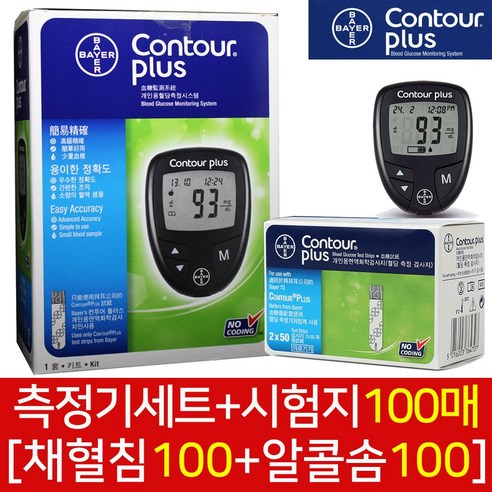 바이엘 컨투어플러스 혈당시험지 100매+측정기세트+채혈침100매+알콜솜100매, 1개