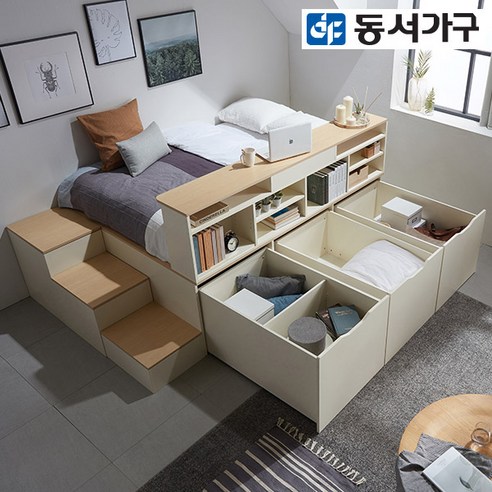 동서가구 시스템 평상형 멀티 수납 벙커 퀸 침대 프레임 기본형 DF638547, 오크