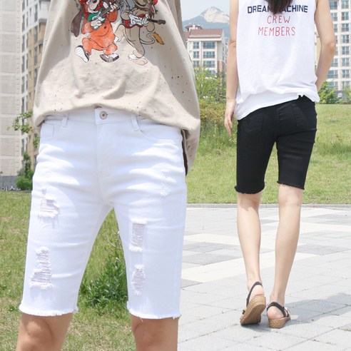 동대문스타일 여자 반바지 헤짐구제 커팅 5부 블랙 & 화이트팬츠