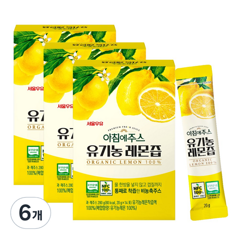 서울우유 아침에주스 유기농 레몬즙, 280g, 6개