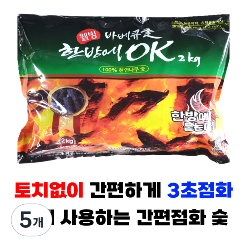 한방에OK 간편점화 착화숯 캠핑 숯불 바베큐 구이용 번개탄 대용, 2kg, 5개