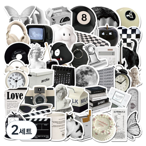 올리브파티 감성 캐리어 노트북 여행 방수 스티커 세트, 2세트, 블랙화이트