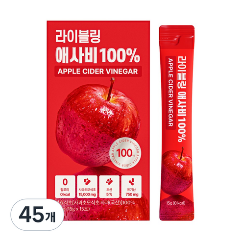 라이블링 애플사이다비니거 100% 애사비 원액 스틱 초산 5%, 45개, 15g
