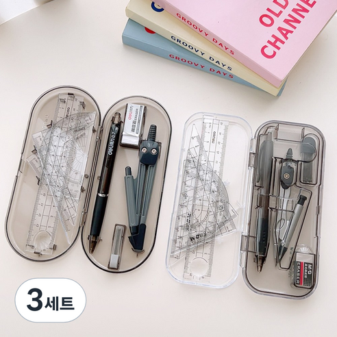 각도기 컴퍼스 세트 제도용 콤파스 삼각자 수학교구 8종 + 필통, 02 사각, 3세트