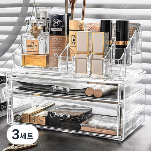 위시썬 아크릴 3단 화장품 정리함 서랍형 메이크업 도구 수납, 스타일C, 3세트