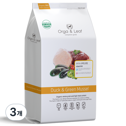 오가앤리프 애견 유기농 가수분해 알러지 눈물 관절 피부 강아지 사료 오리&초록입홍합, 오리, 1.8kg, 3개