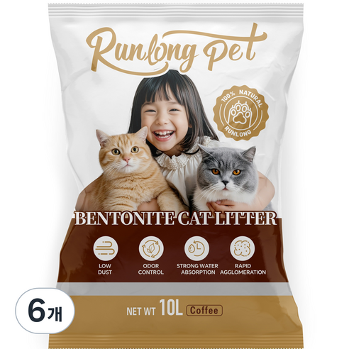 RUNLONG PET 벤토나이트 고양이 모래 오리지널 대용량 먼지없는 캣 샌드, 커피 맛, 6개, 10L