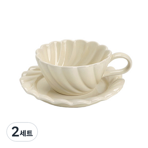 메이크유어홈 세라믹 커피잔 라떼컵 세트 집들이선물 머그잔 소서세트, 2개, 크림 잔/소서