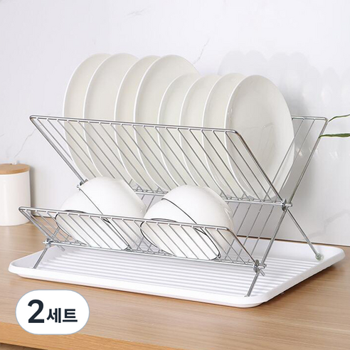 몽네스트 접이식 식기건조대 2단 거치대+트레이, 2세트, 실버