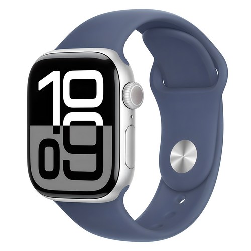 Apple 애플워치 10 GPS, 42mm, 실버 / 데님 스포츠 밴드, S/M