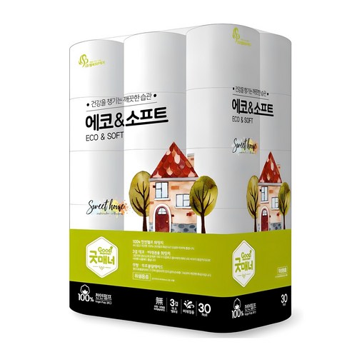 굿매너 에코 앤 소프트 3겹 천연펄프 고급롤화장지, 25m, 30개입, 1개