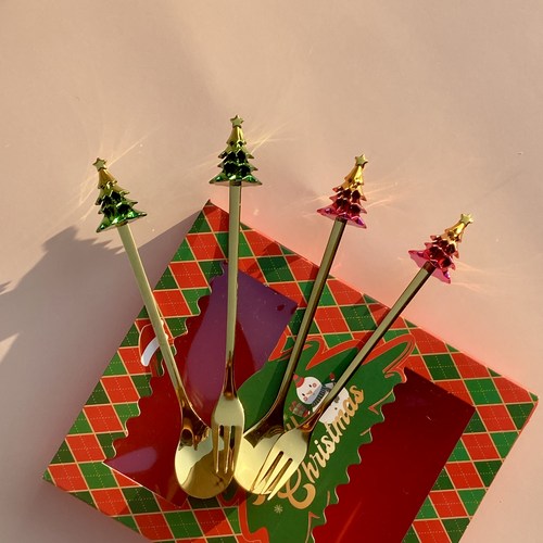 쿠리풀 크리스마스 티스푼 + 포크 세트 골드트리, 1세트, 티스푼 2p + 티포크 2p