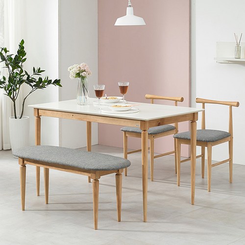 헤즈로 에덴 직사각형 카페 원목식탁세트 1200 테이블 + 벤치 + 의자 2p 방문설치, 화이트,월넛