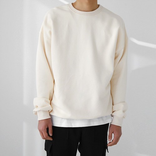 남성용 무지 가을 간절기 데이트룩 라운드넥 시보리 쭈리 L-XL 데일리박시맨투맨티