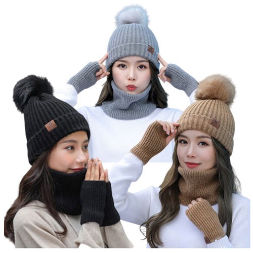 C00REENA K타입3세트 여성털모자 여성방울모자 여성니트모자 방한모자 머플러 목도리 암워머 장갑 넥워머 방한용품 캠핑용품 반장갑 손가락장갑