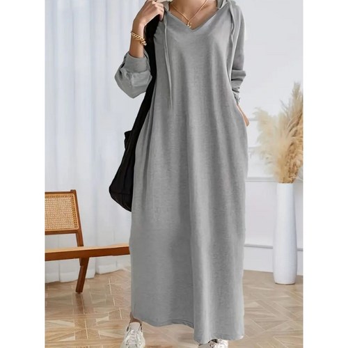 여성용 가을 브이넥 후드 롱 원피스