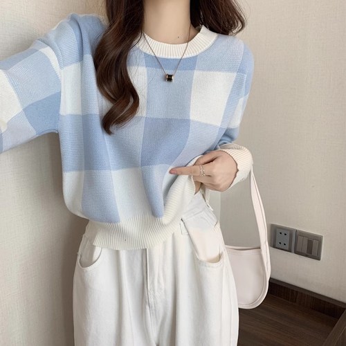 셀리즈로 간절기 파스텔톤 체크 라운드 크롭 니트